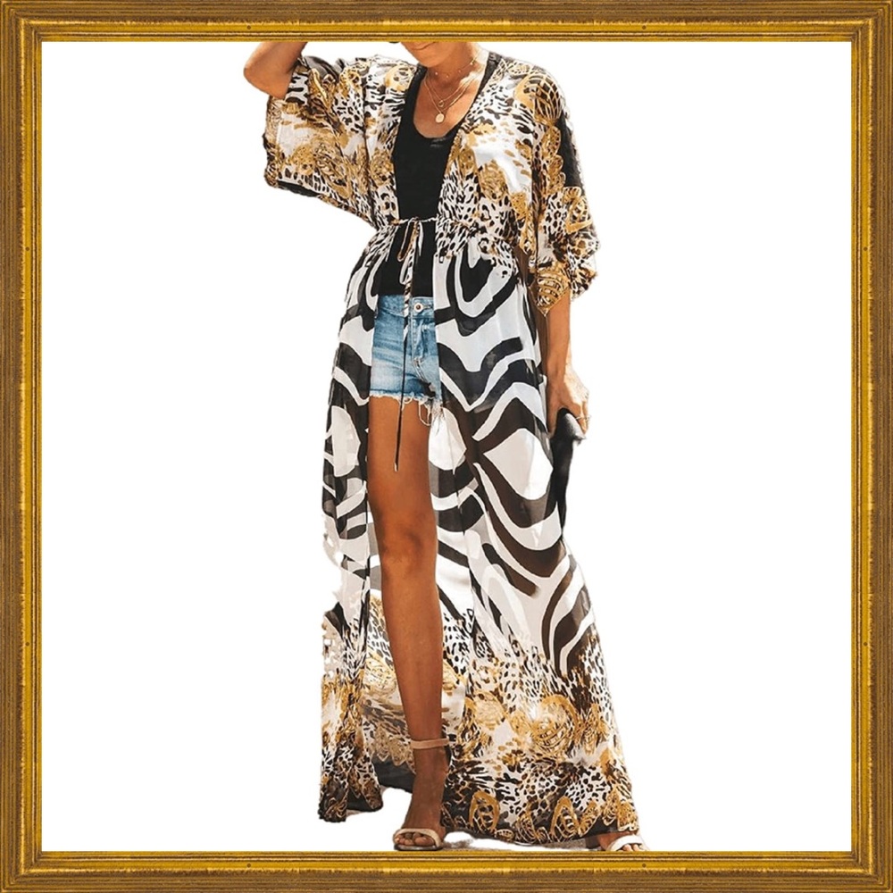 New Swim Suit Bathing Suit Kimono Cover Up Sheer Robe Zebra Animal Print
